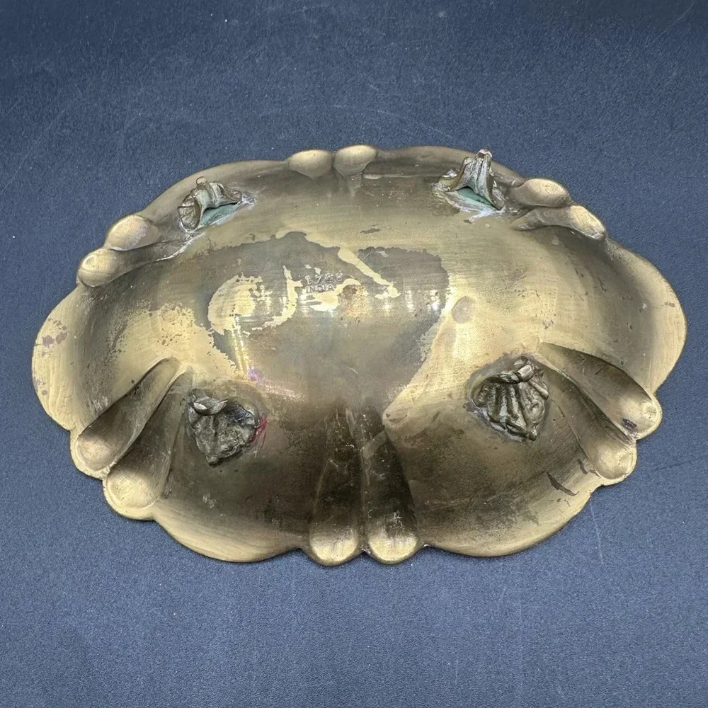 Vintage Etched Brass Footed Dish Bowl Trinket Catchall Decor